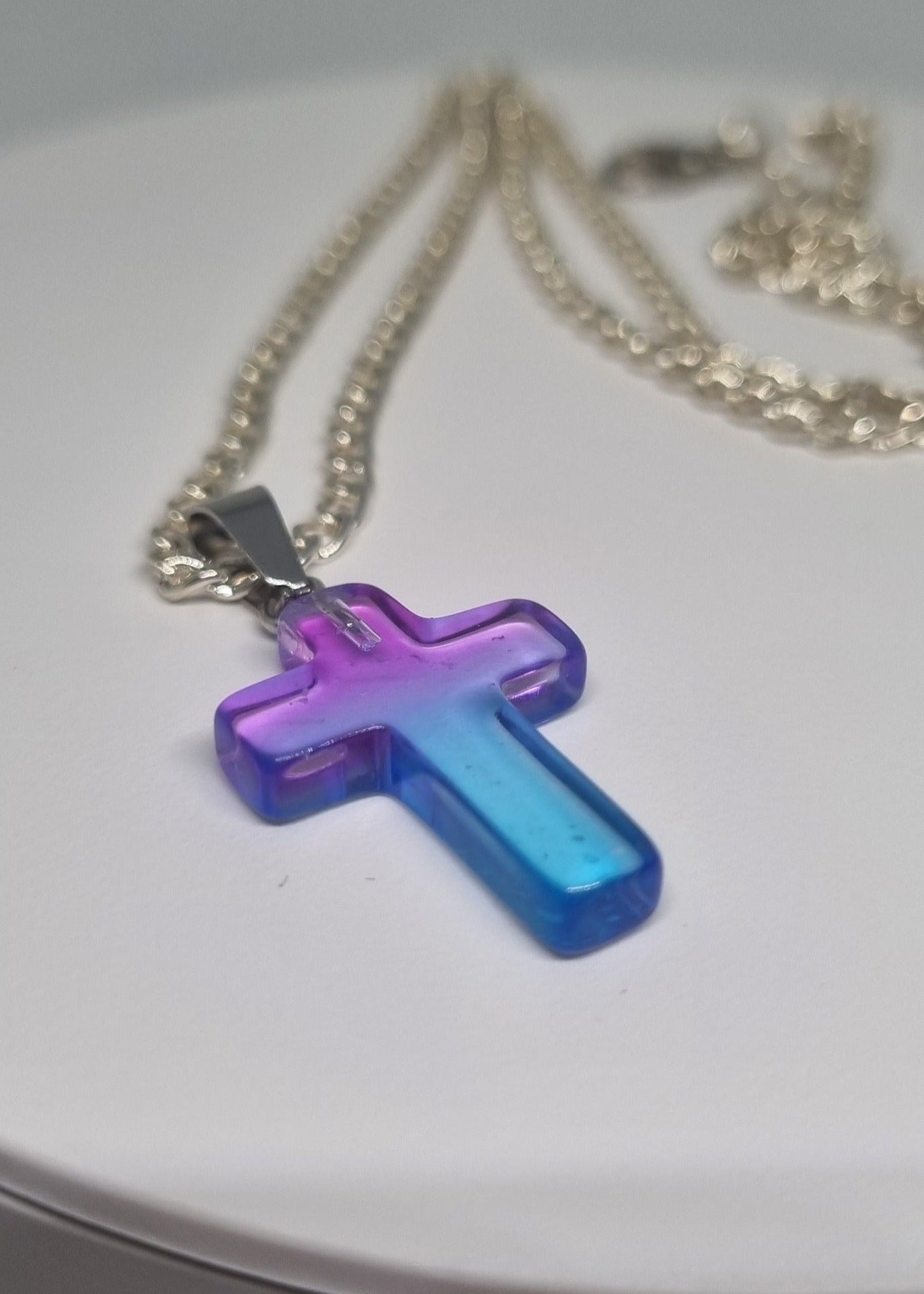 Purple-Blue Ombre Glass Cross Necklace