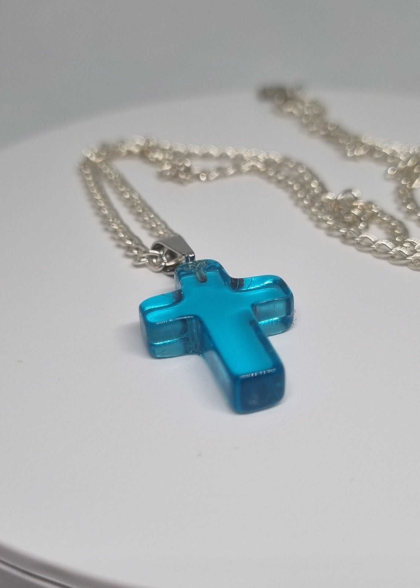 Clear Light Blue Glass Cross Necklace