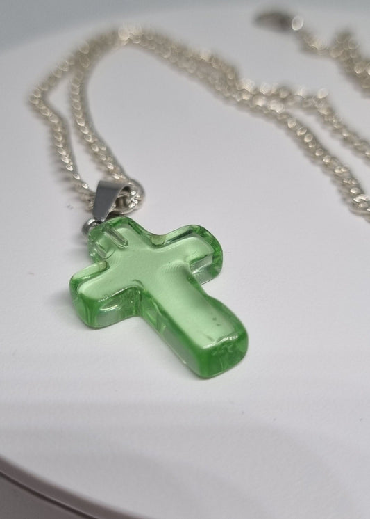 Clear Green Glass Cross Necklace