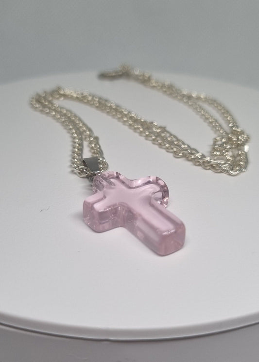 Clear Pink Glass Cross Necklace