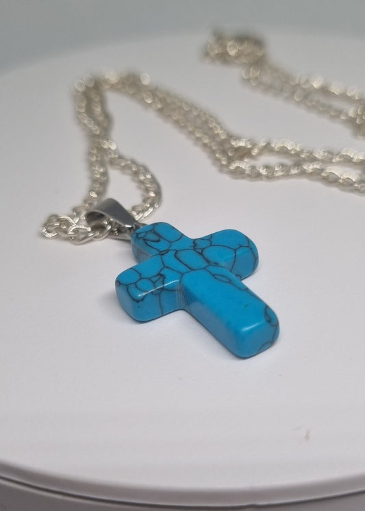 Dark Teal Crackle Glass Cross Necklace