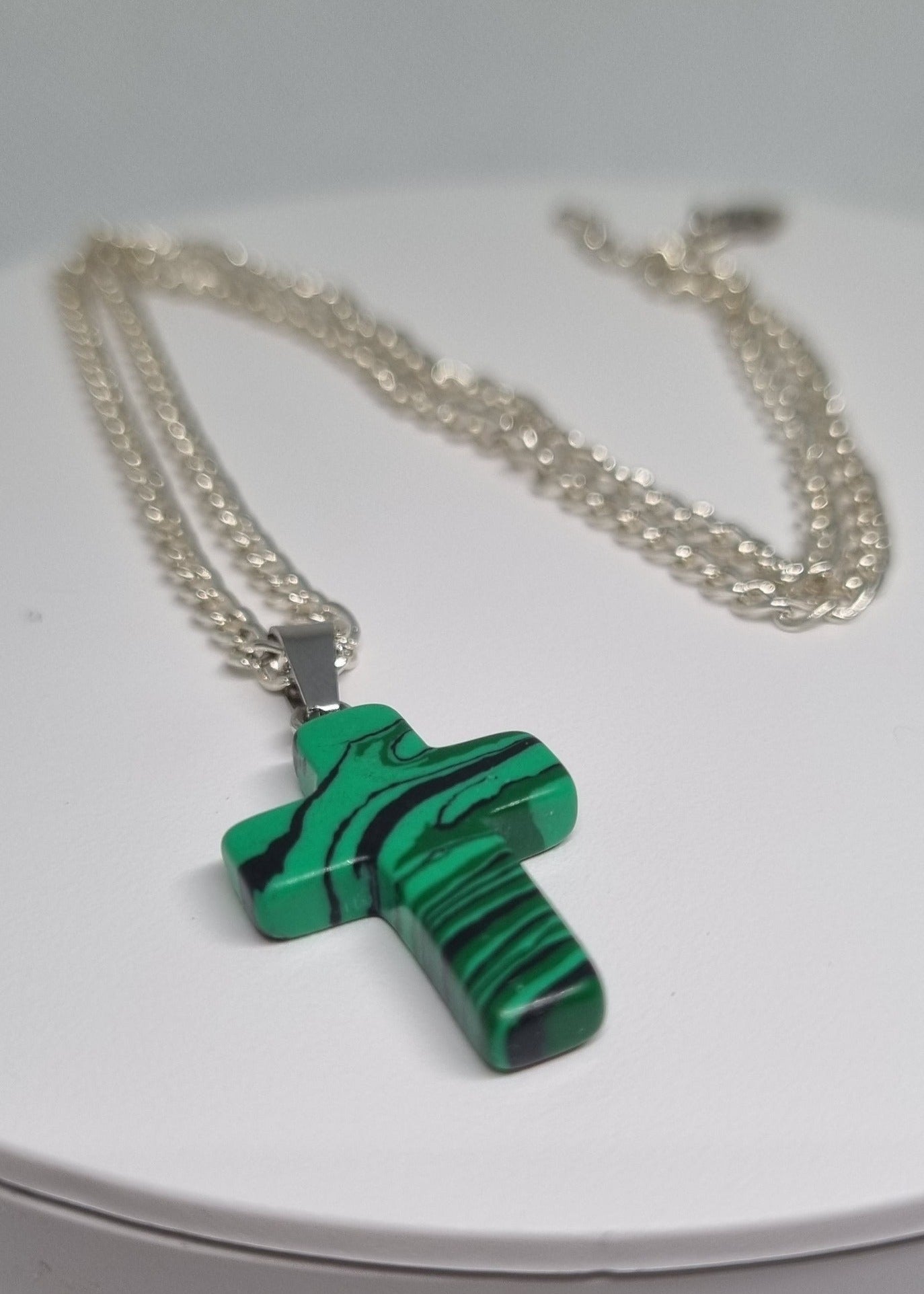 Green Striped Glass Cross Necklace