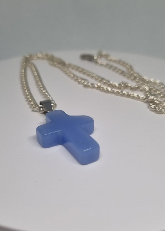 Milky Blue Glass Cross Necklace