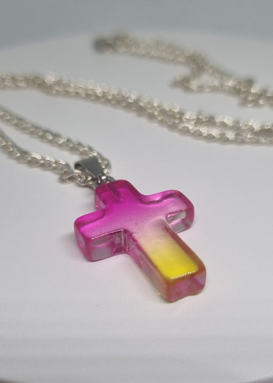 Pink-Orange Ombre Glass Cross Necklace