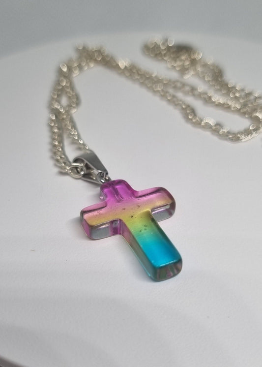 Rainbow Glass Cross Necklace