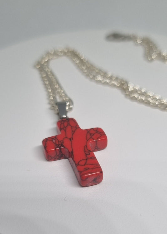 Red Crackle Glass Cross Necklace