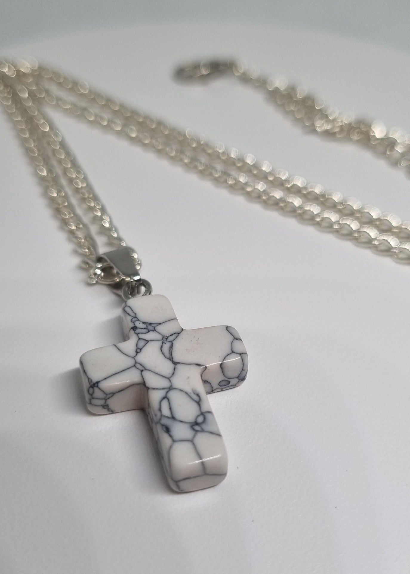 White Crackle Glass Cross Necklace