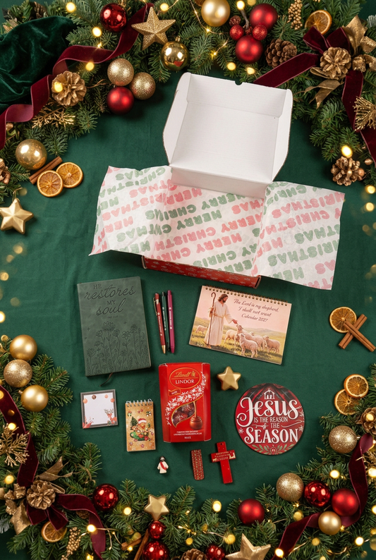 Adult bundle flat-lay with a bold red, green and gold Christmas setting