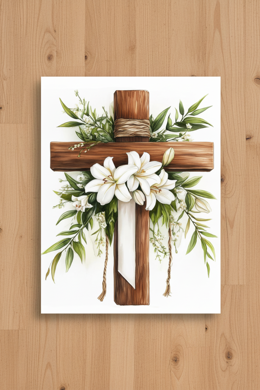 Floral Cross - Wooden Background