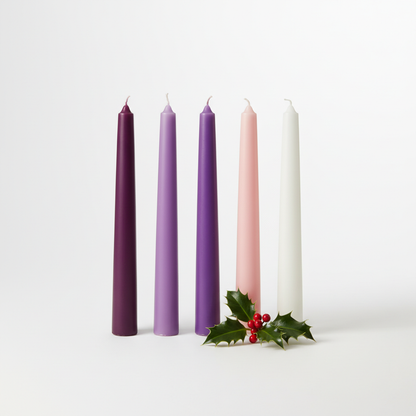 Advent Candles — 3 purple, 1 pink, 1 white taper candles studio photo