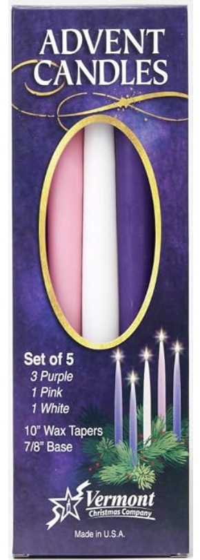 Advent Candles Set of 5 — 3 purple, 1 pink, 1 white wax tapers in box