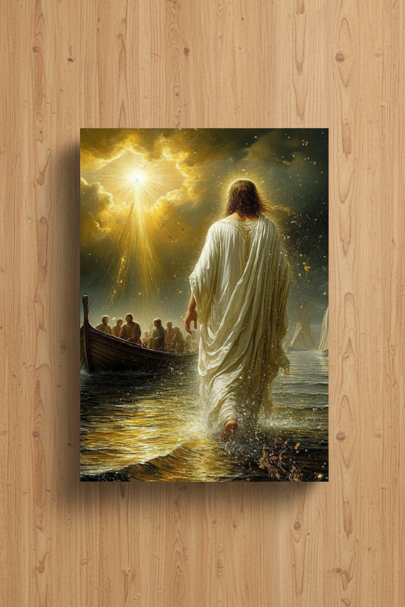 Jesus Walking on Water - Wooden Background